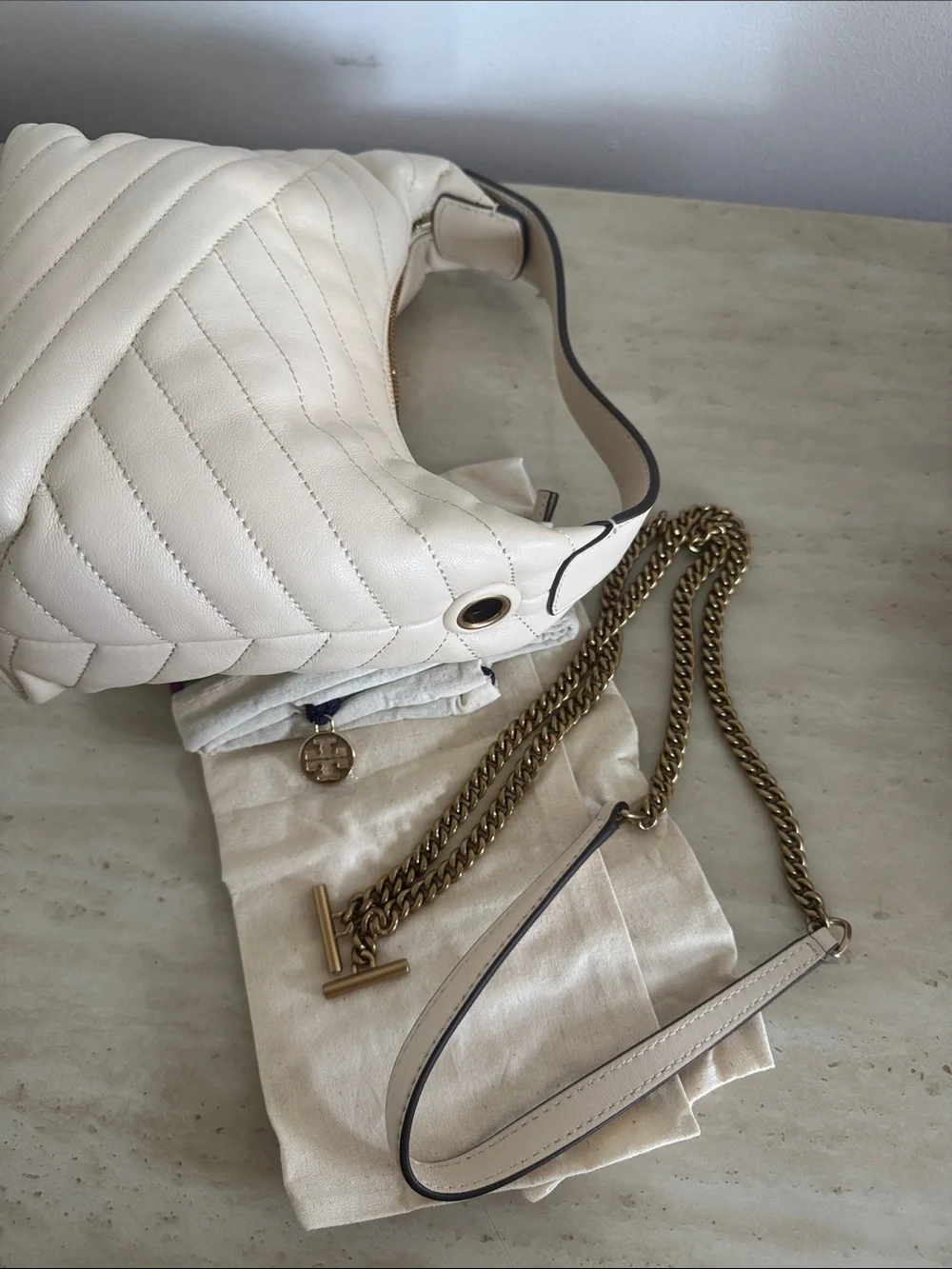 Tory Burch White Quilted Leather Shoulder mini Bag with Gold Emblem